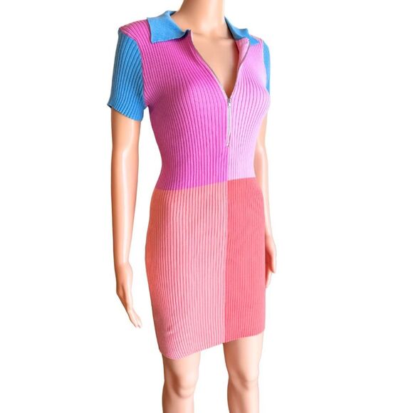 Dee Elly Pink Color Block Ribbed Collared Mini Dress Small - Picture 5 of 7